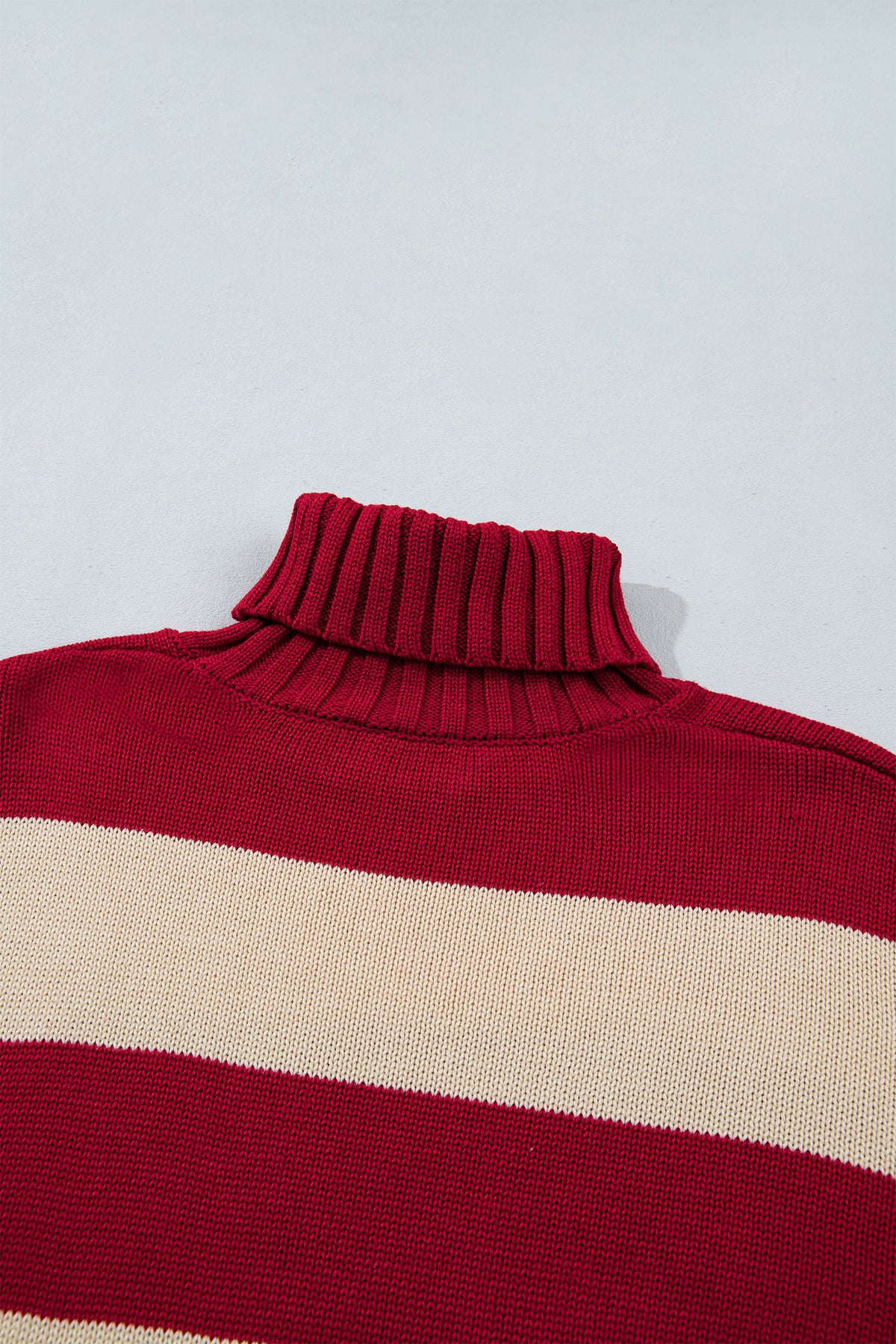 Red Stripe Ribbed Trim High Neck Relaxed Pullover Sweater