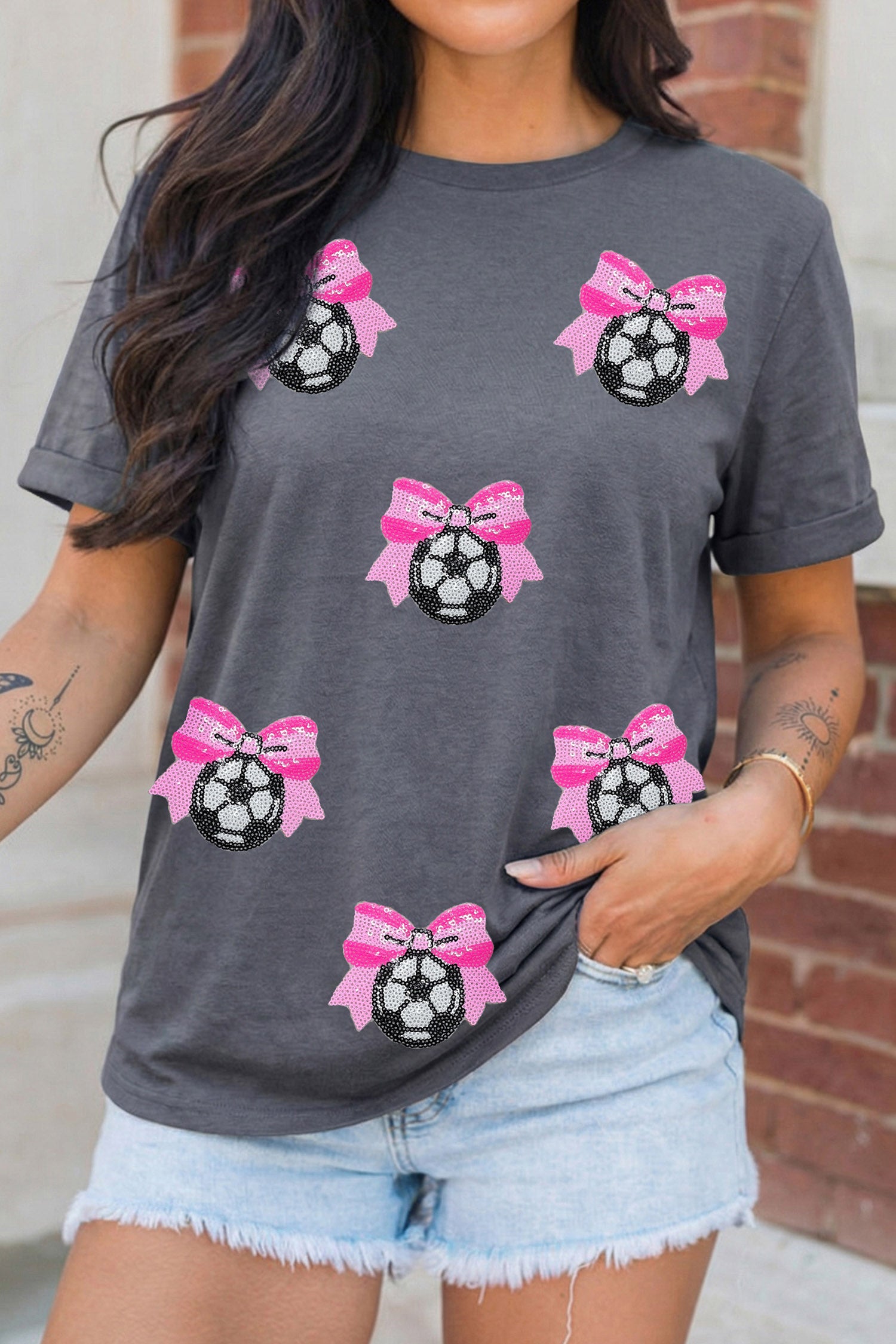 Gray Sequin Bow Soccer Ball Game Day T Shirt