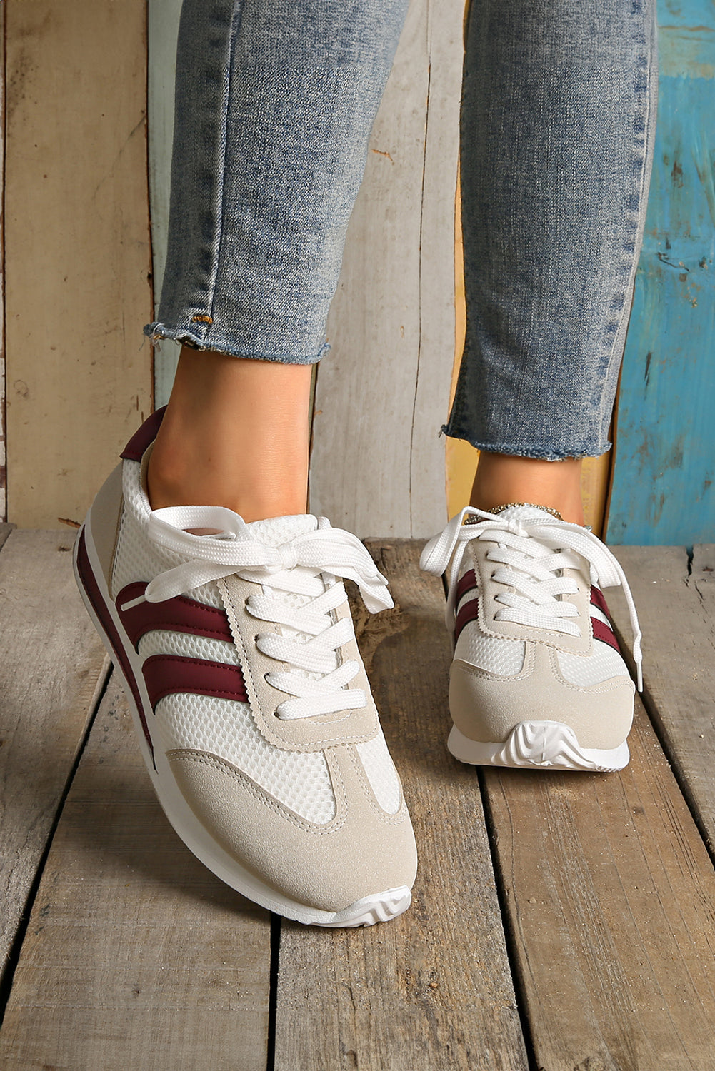 White Color Block Patchwork Breathable Lace-up Sneakers