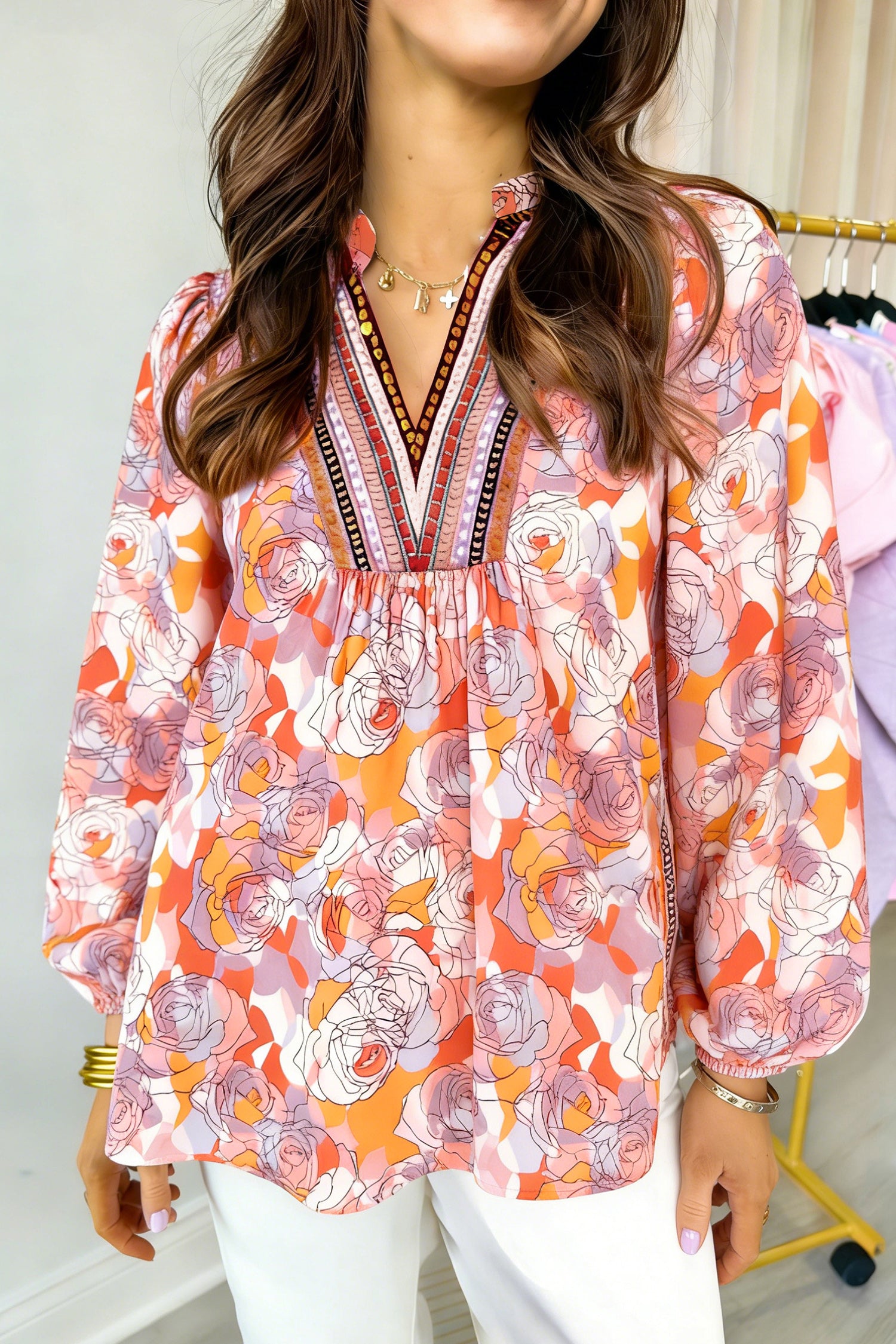 Pink Floral Print V Neck Long Sleeve Shift Blouse