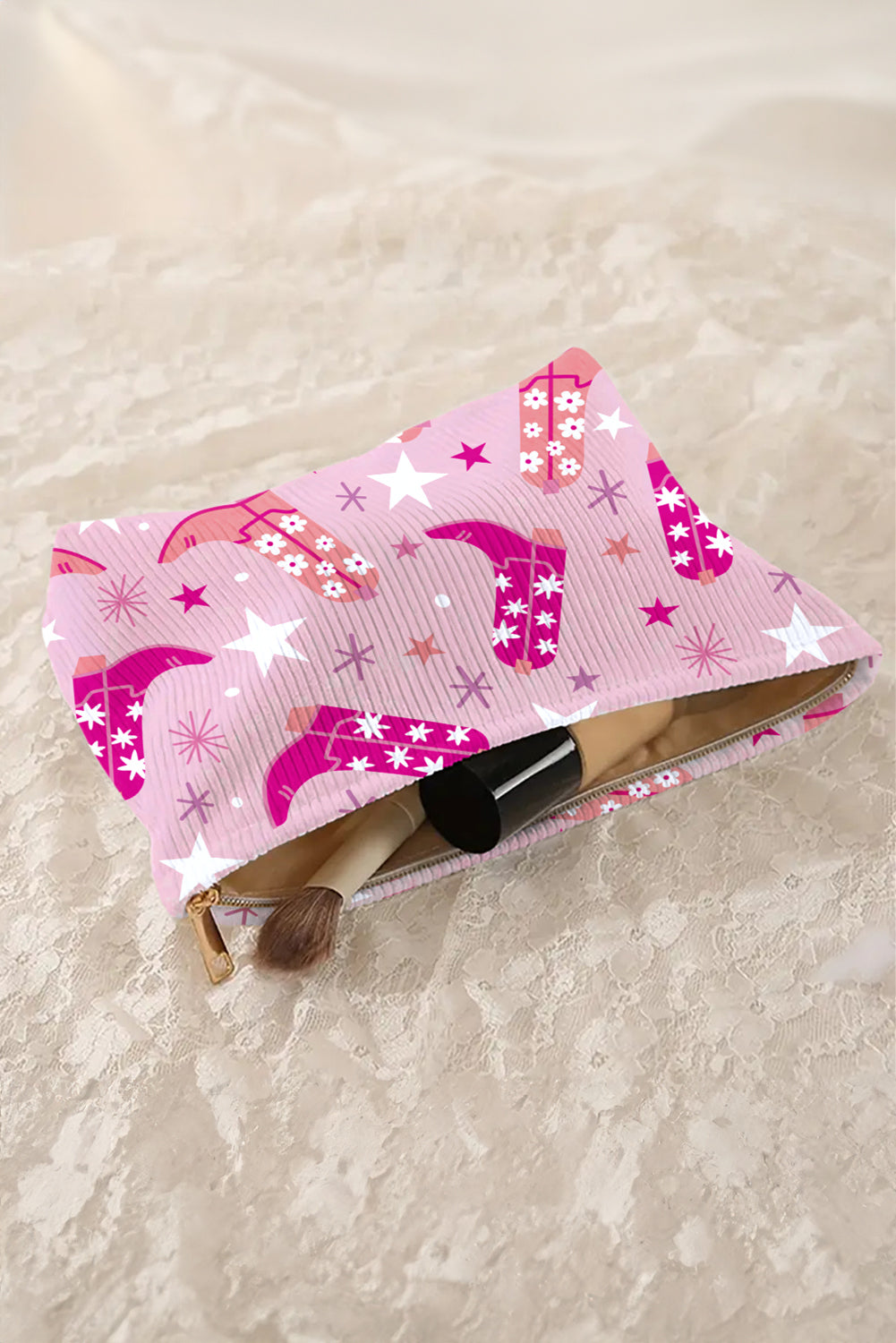 Pink Western Cowboy Boots Star Print Large Makeup Bag