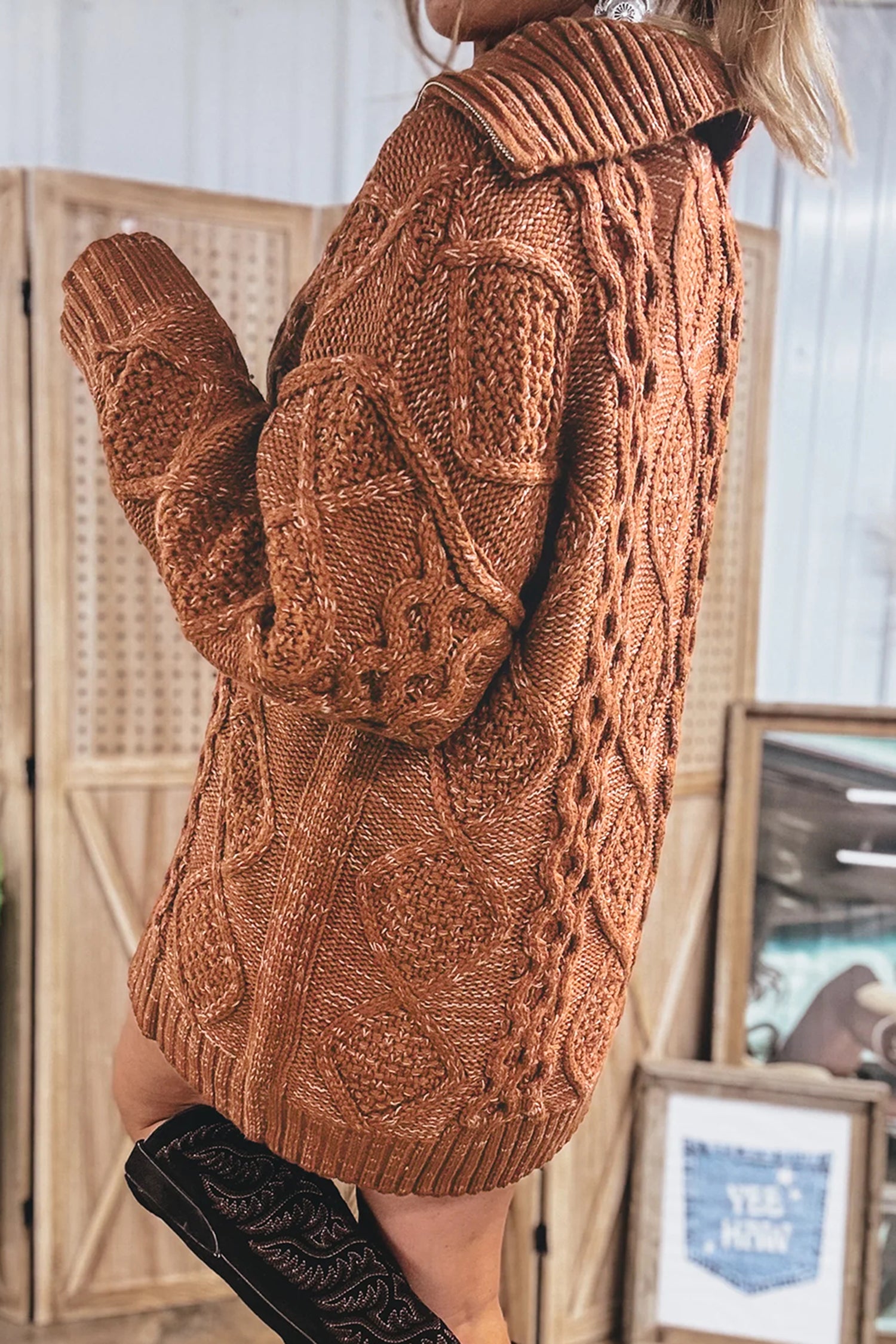 Clay Zip-Up Cable Knit Drop Shoulder Sweater Dress