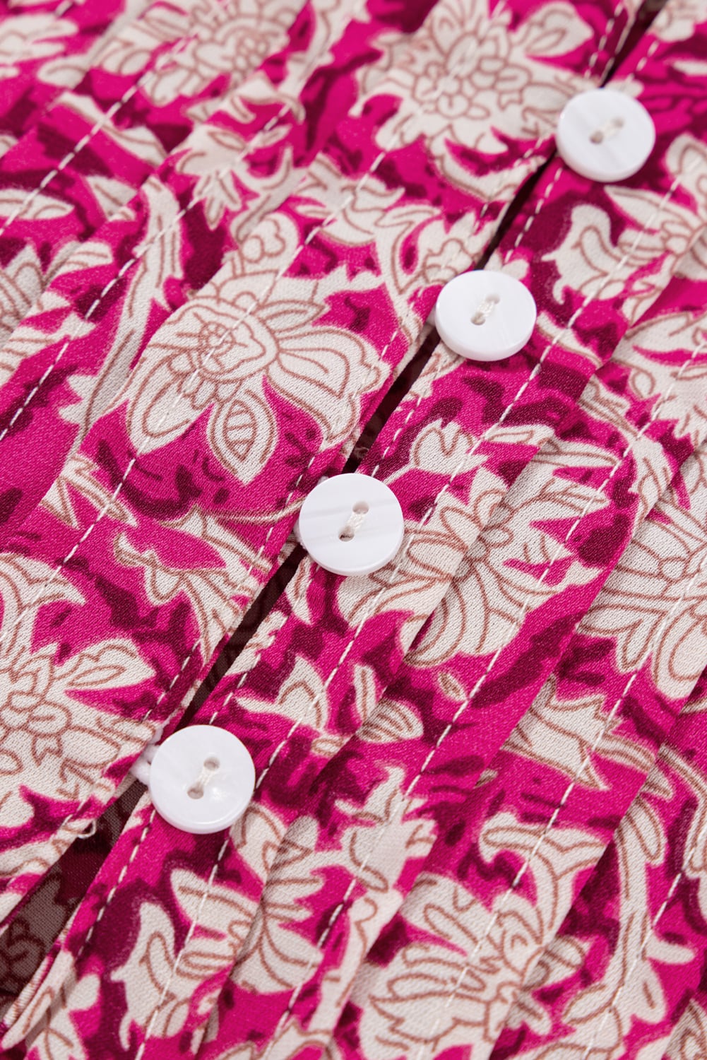 Pink Floral Print Split Neck Pleated Puff Sleeve Blouse