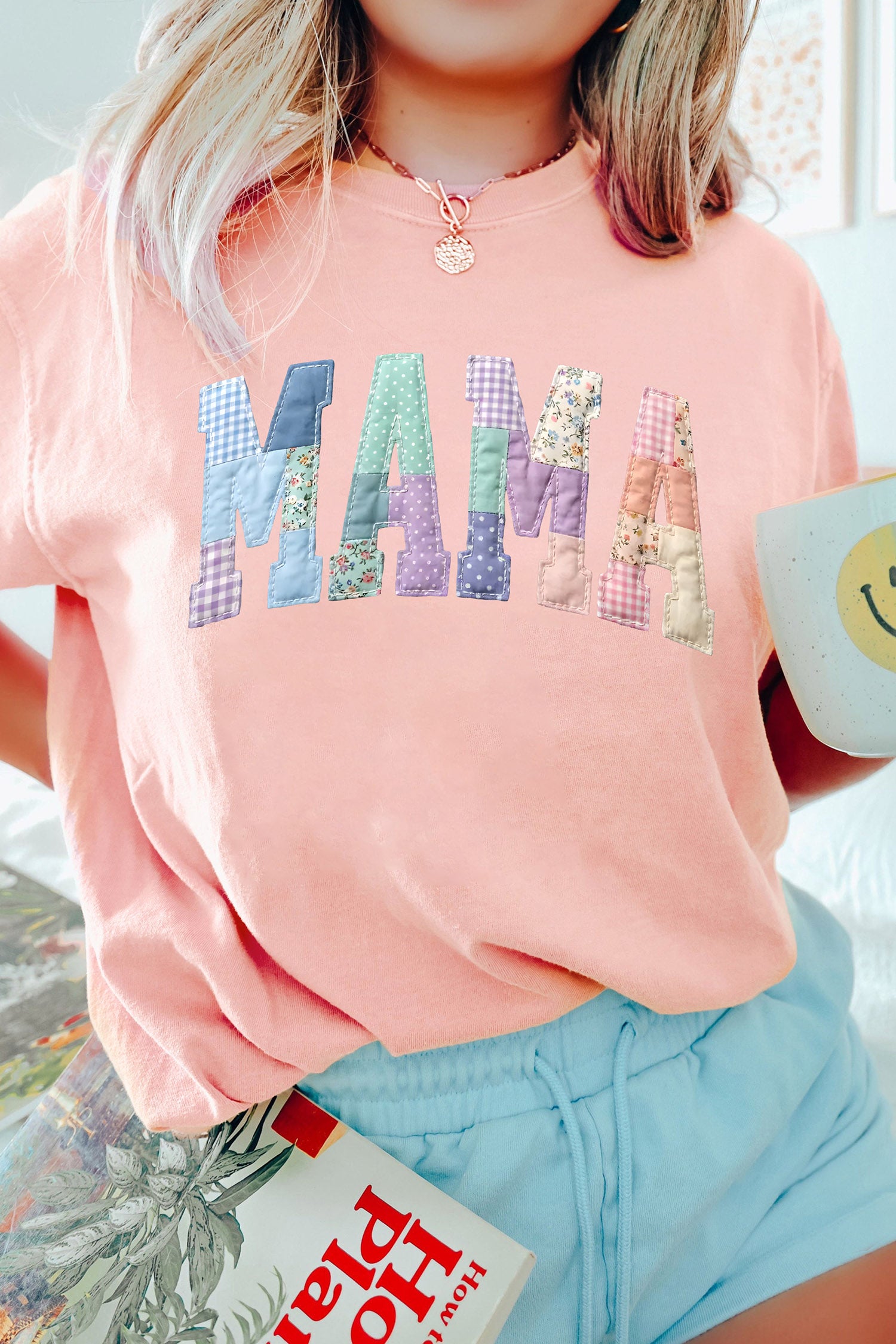 Pink Faux Patchwork Print Floral MAMA Lettering T Shirt