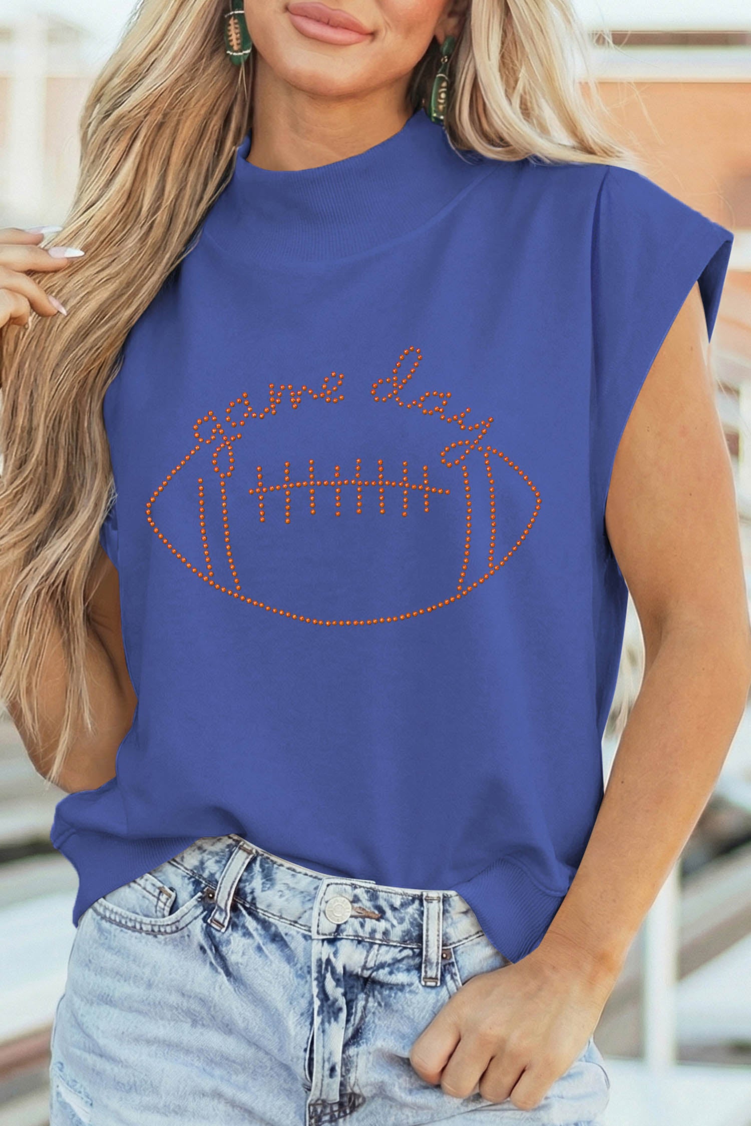Sky Blue Casual High Neck Short Sleeve Game Day Football Rhinestone Top