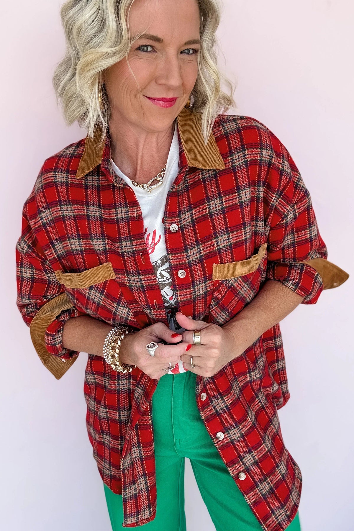 Red Casual Plaid Color Block Collared Button Shacket