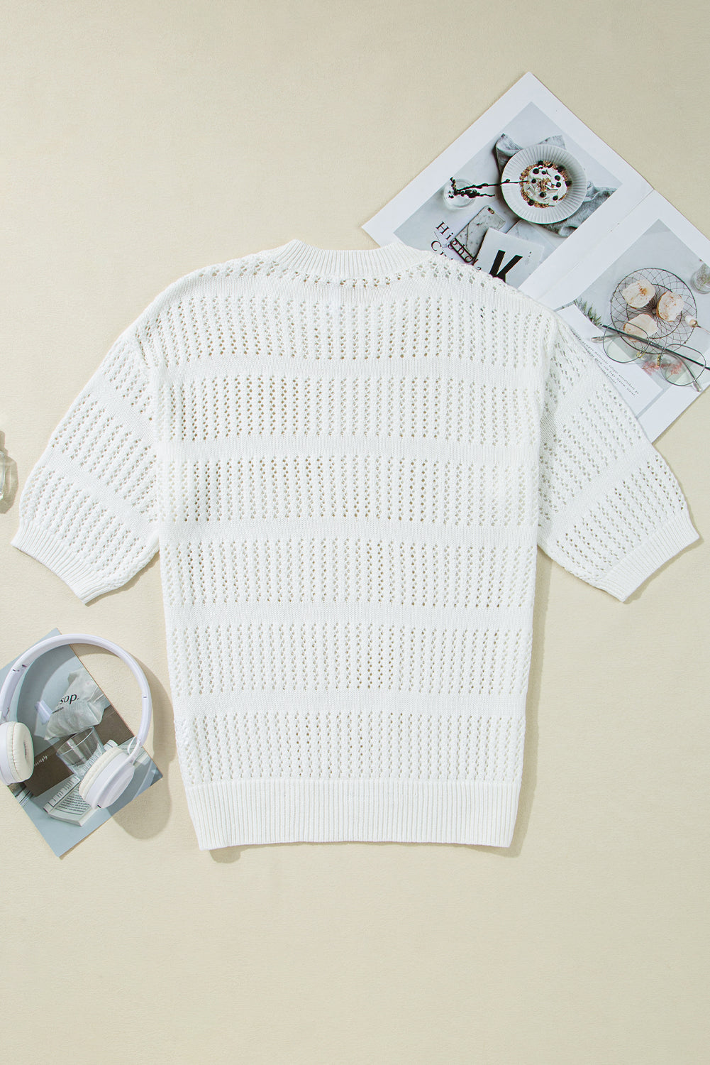 White 3/4 Sleeve Open Knit Mesh Detail Pullover Sweater