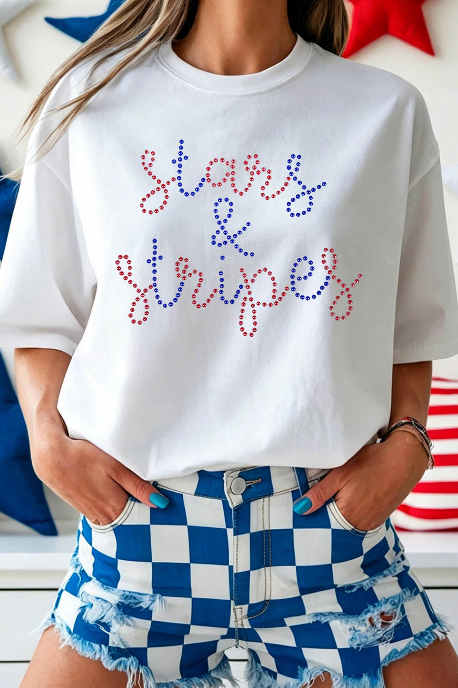 White Rhinestone Stars & Stripes Patriotic Slogan T Shirt