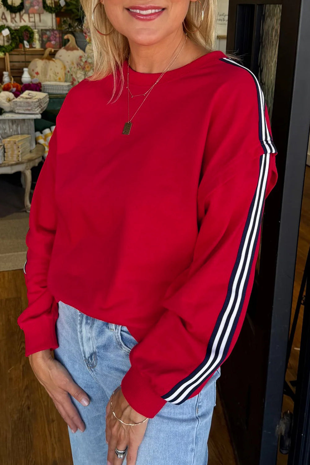 Fiery Red Contrast Striped Detail Varsity Sweatshirt