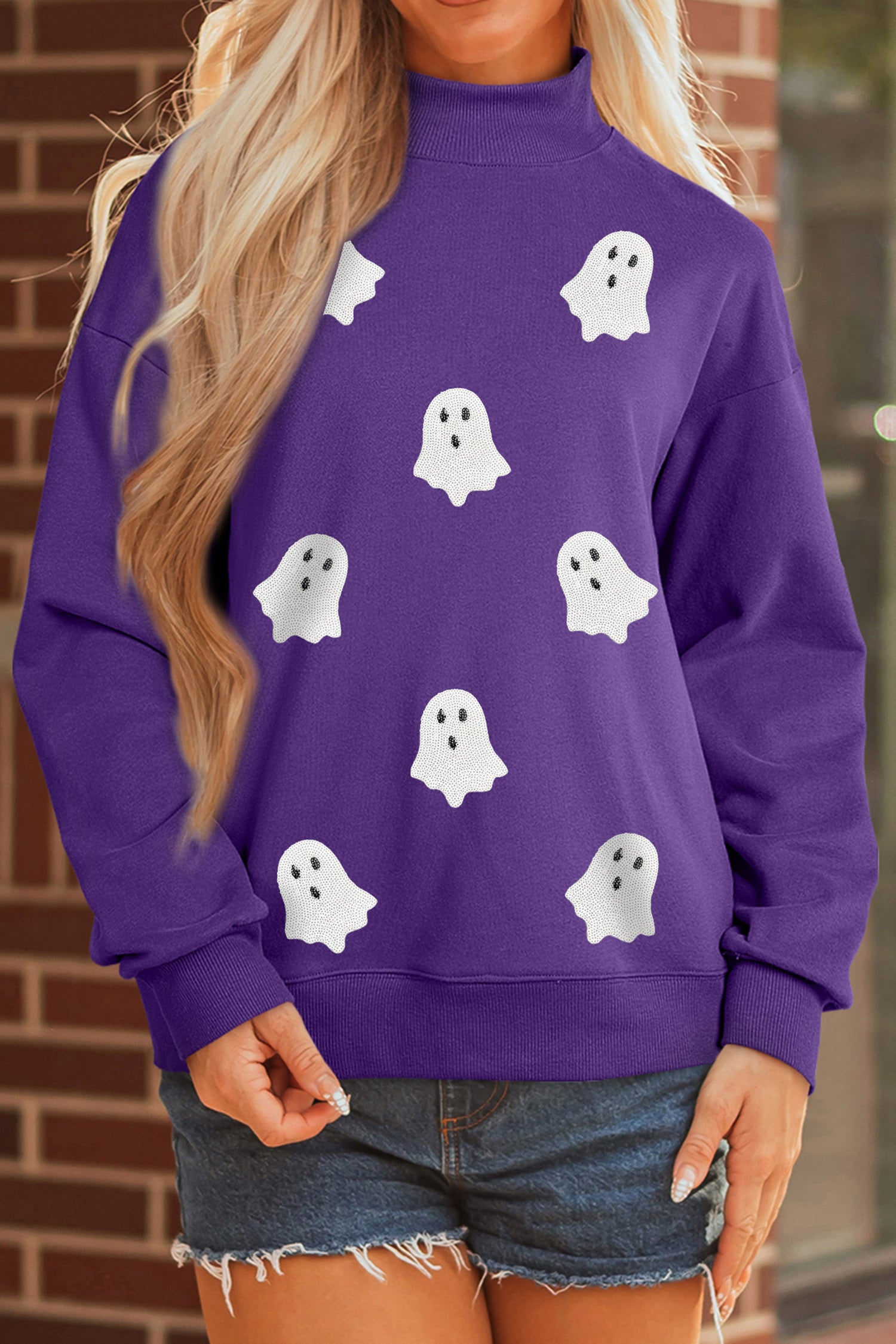 Tillandsia Purple Halloween Sequined Ghost Print Mock Neck Graphic Sweatshirt