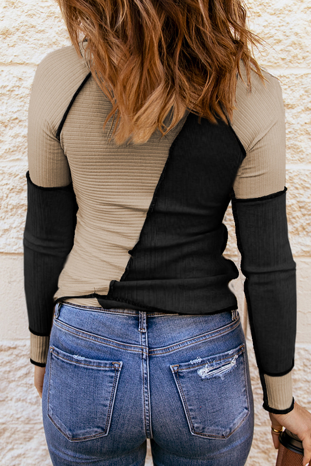 Multicolor Irregular Color Block Seaming Trim Rib Knit Top