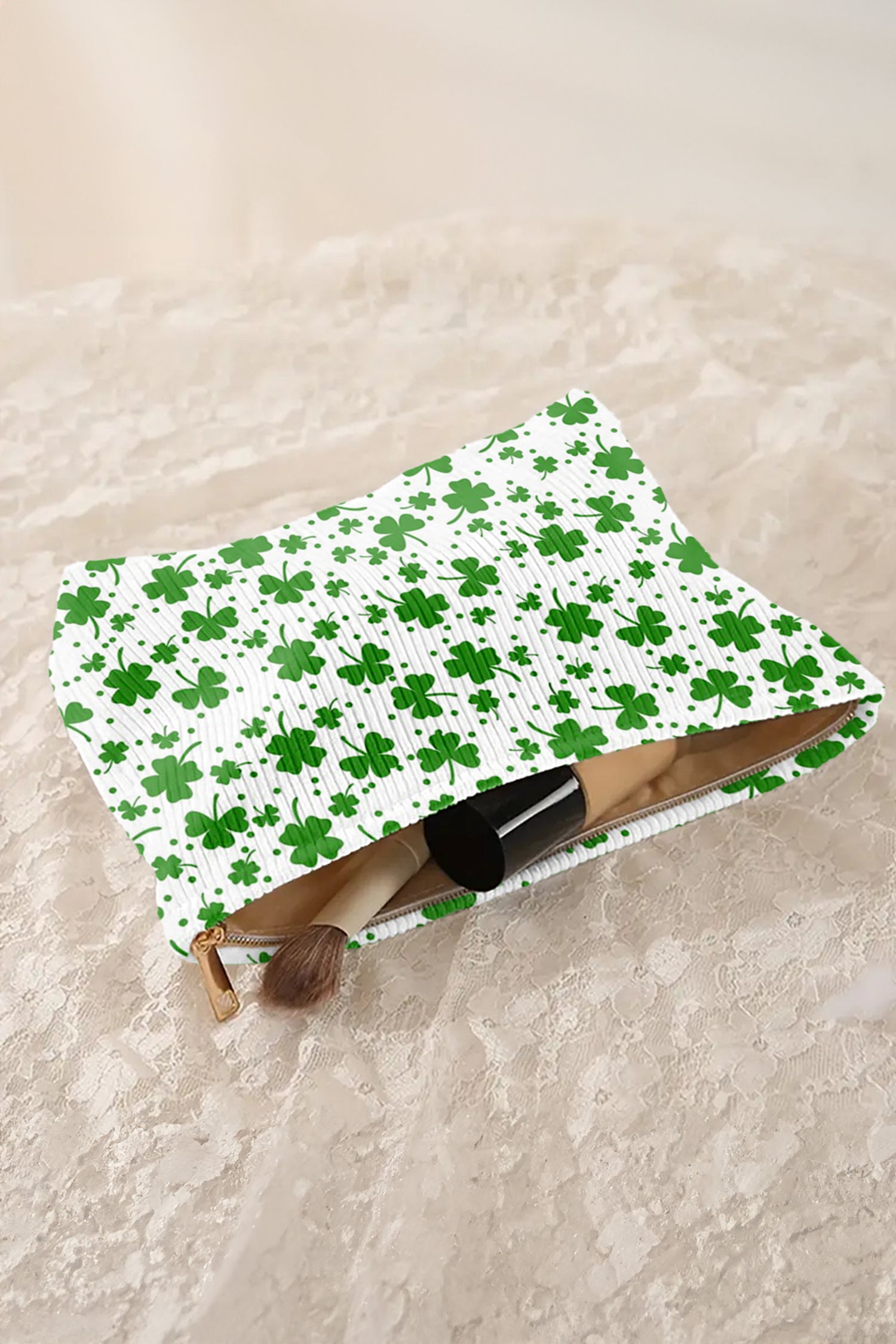 White St Patricks Lucky Clover Printed Soft Ribbed Makeup Bag