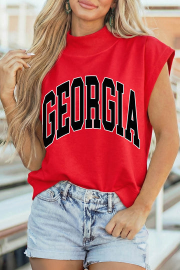 Racing Red GEORGIA Letter Print Game Day High Neck Short Sleeve Top