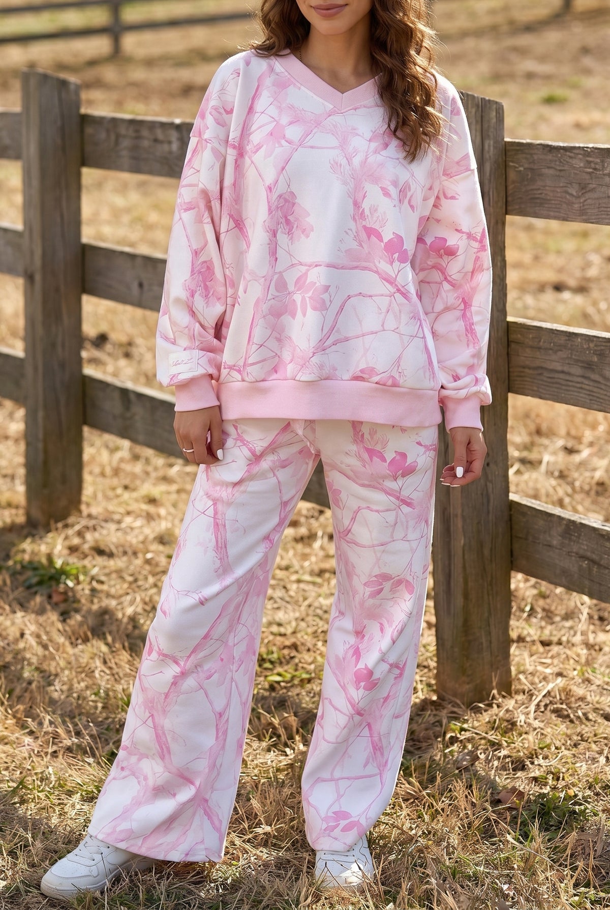 Pink Abstract Plant Print Long Sleeve V Neck Pant Set