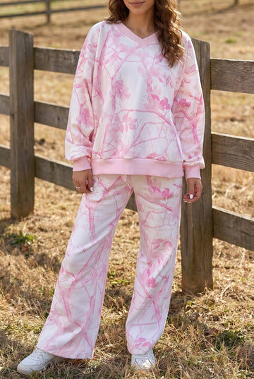 Pink Abstract Plant Print Long Sleeve V Neck Pant Set