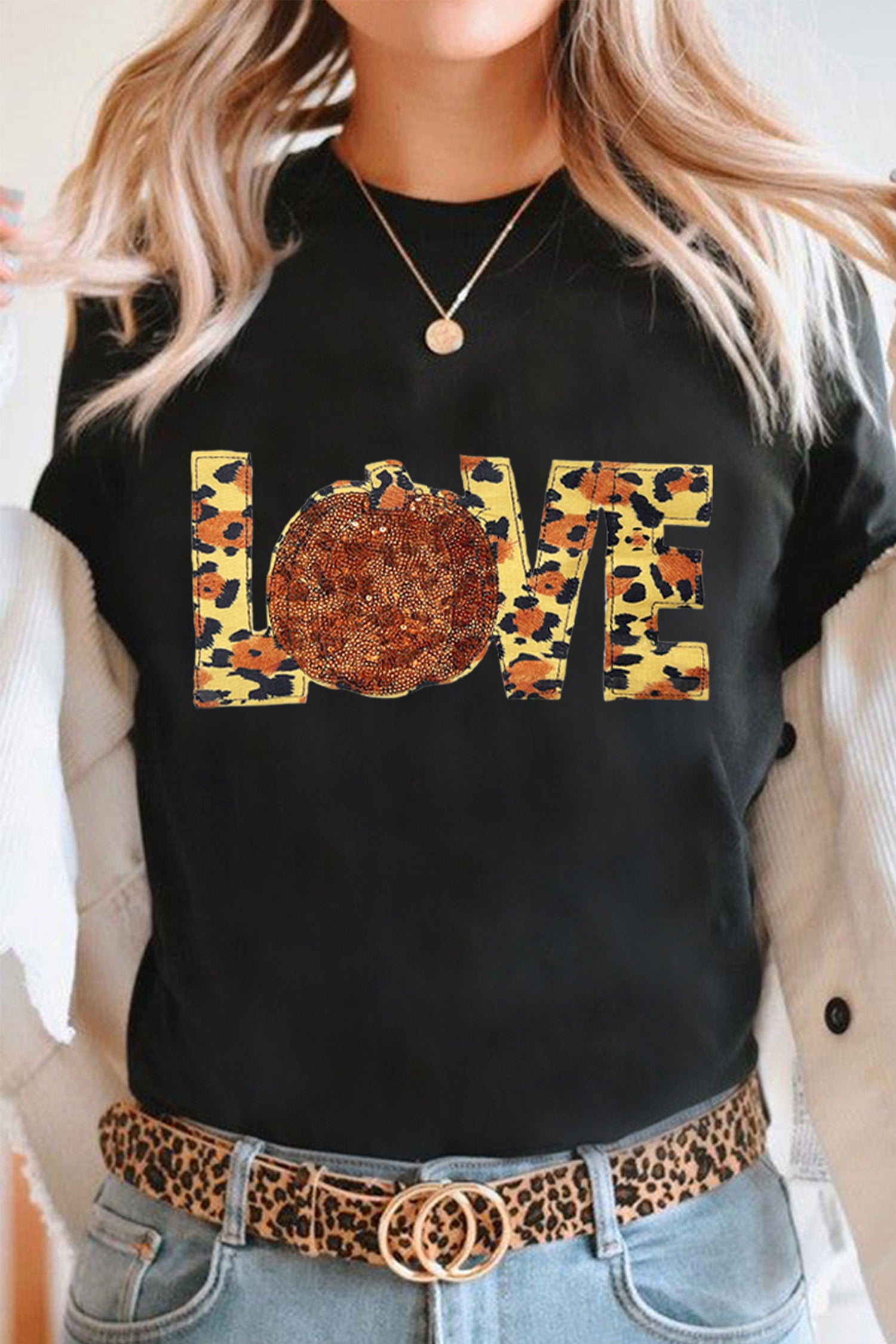 Black Sequin Pumpkin Leopard Print Love Graphic Tee