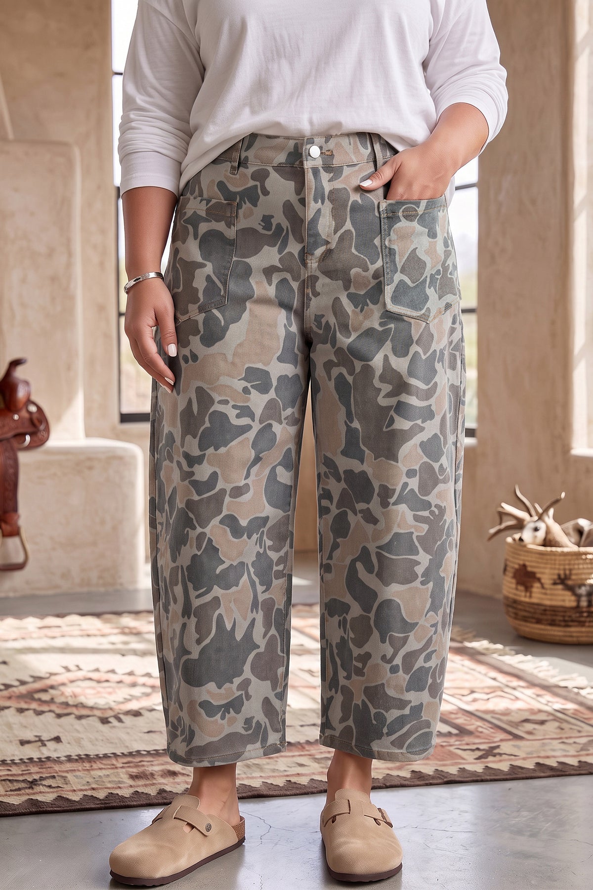 Multicolour Plus Size Camouflage Print High Rise Barrel Jeans