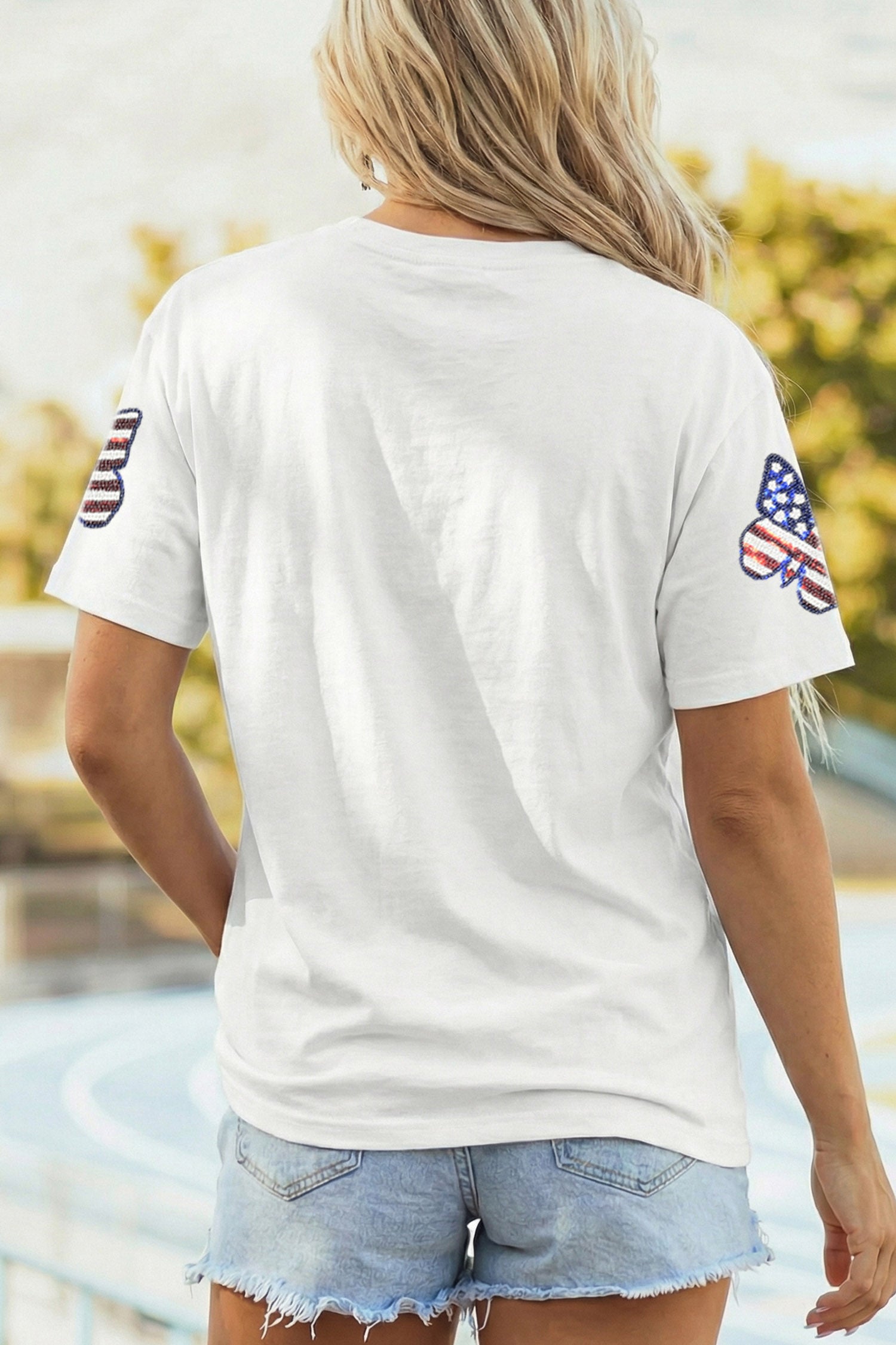 White Patriotic Sequin Butterfly Casual T Shirt