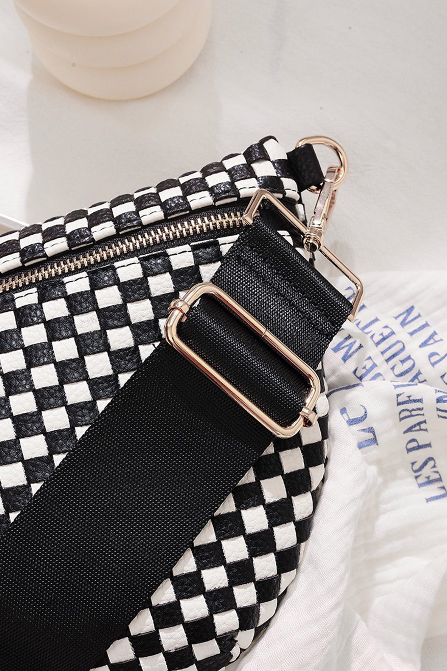 Color black Checkered Woven PU Leather Crossbody Bag Adjustable Strap Large Size