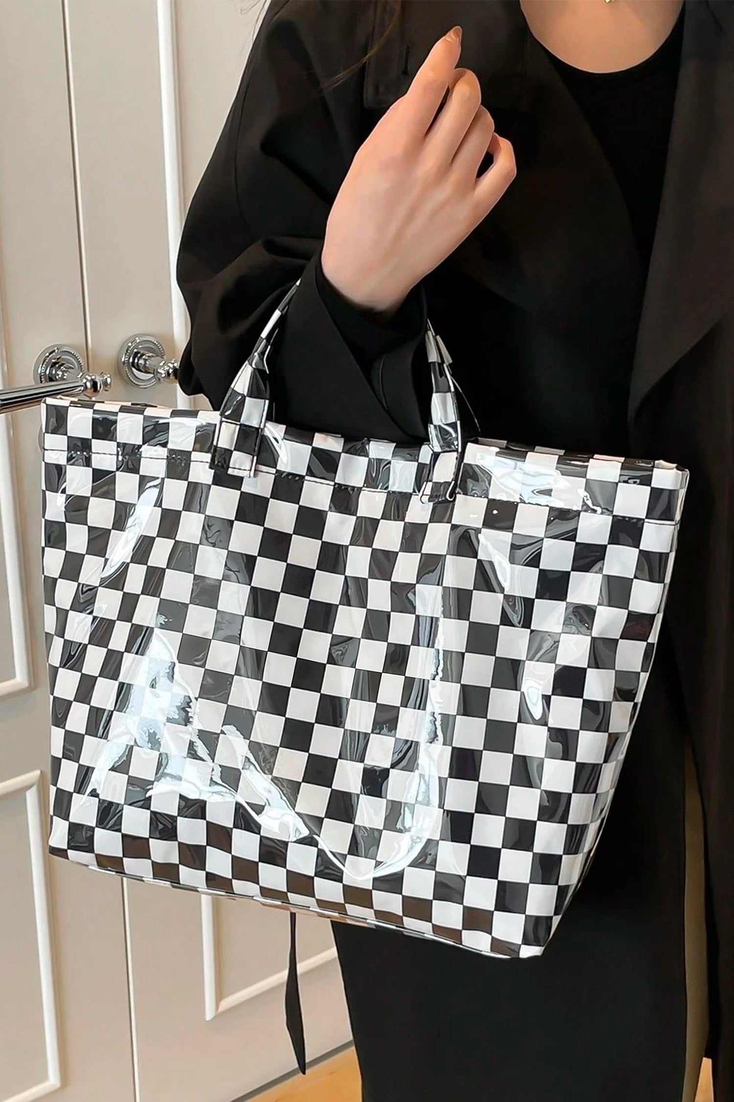 Color black Plaid Pattern PVC Glossy Waterproof Tote Bag