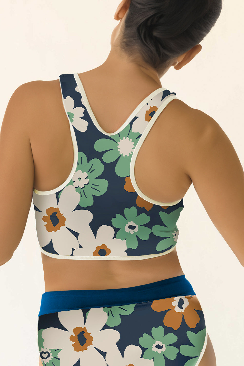 Blue Flower Zip up Racerback High Waisted Bikini