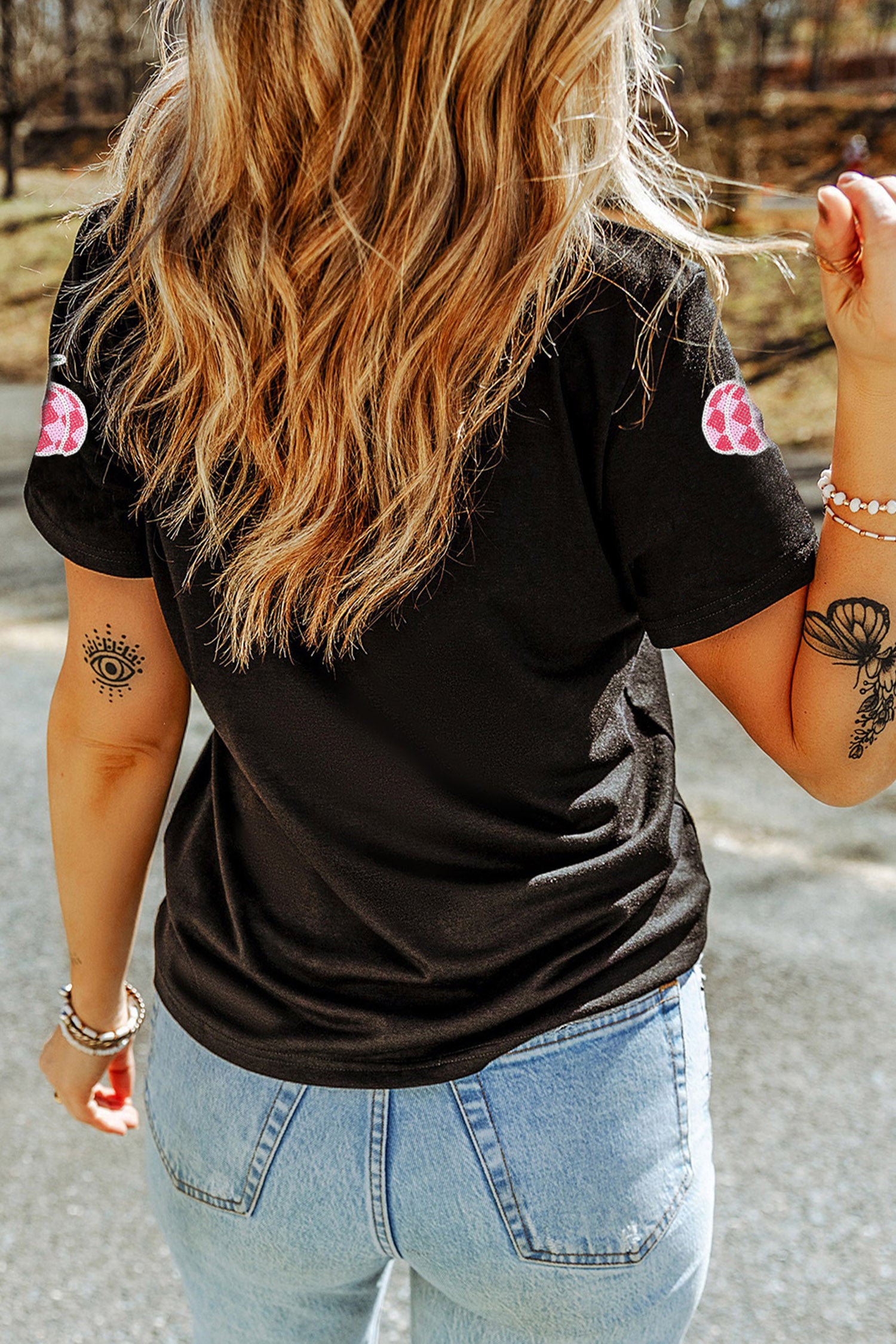 Black Sequin Plaid Pumpkin Graphic Round Neck T Shirt