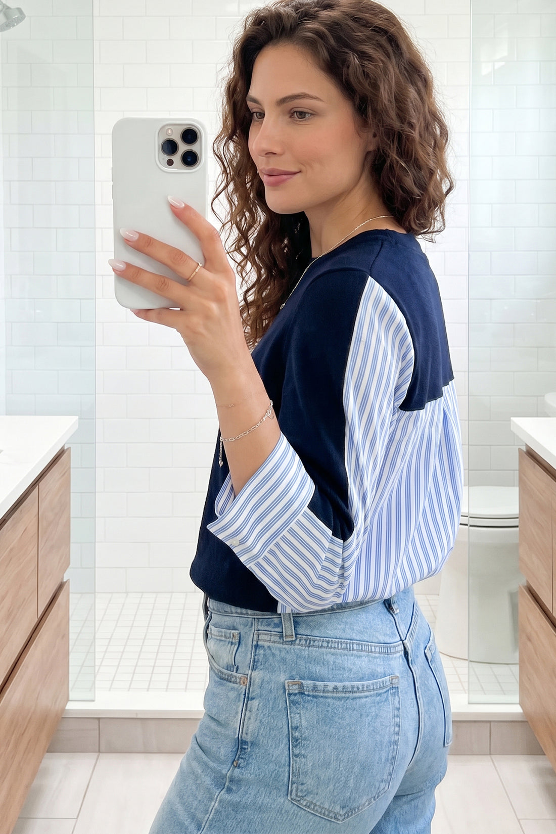 Navy Blue Drop Shoulder Long Sleeve Striped Pullover Sweater