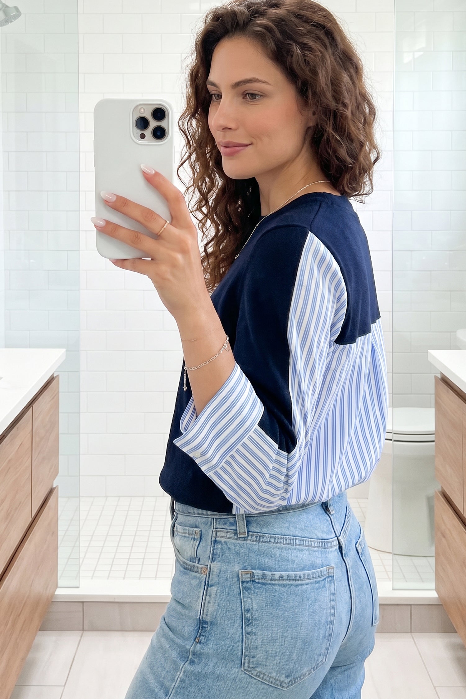 Navy Blue Drop Shoulder Long Sleeve Striped Pullover Sweater