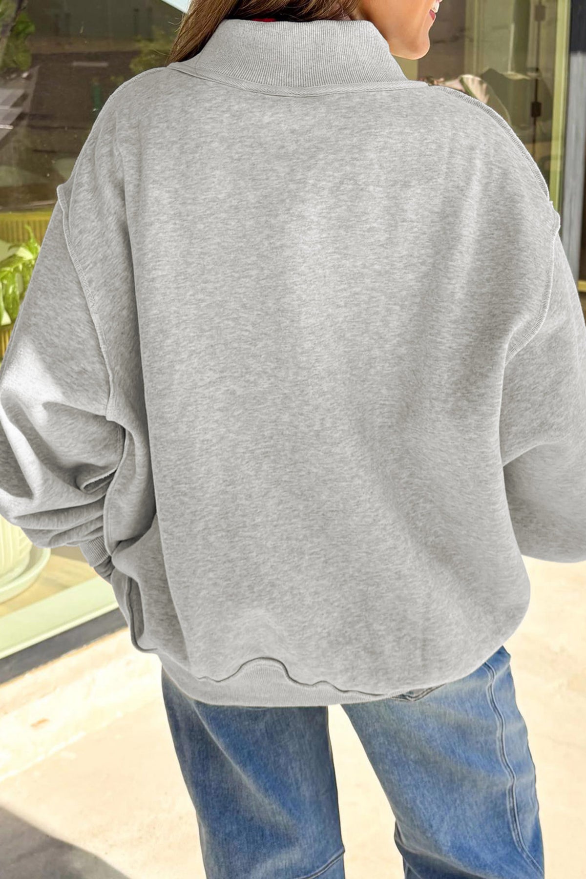 Light Grey Mock Neck USA Slogan Pullover Graphic Sweatshirt