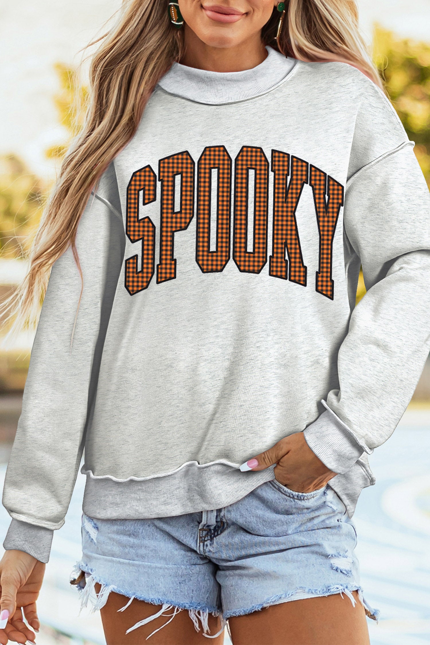 Light Grey Halloween Slogan Print Mock Neck Reversible Sweatshirt