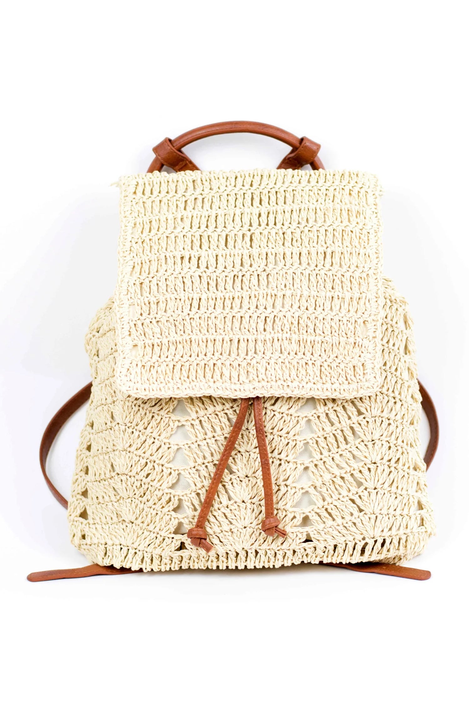White Retro Straw Woven PU Leather Straps Casual Backpack
