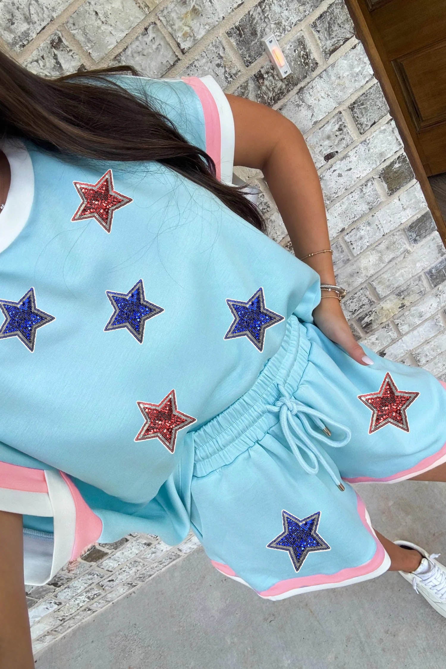 Mist Blue Color Block Trim Sequin Star Casual Two Piece Short Set