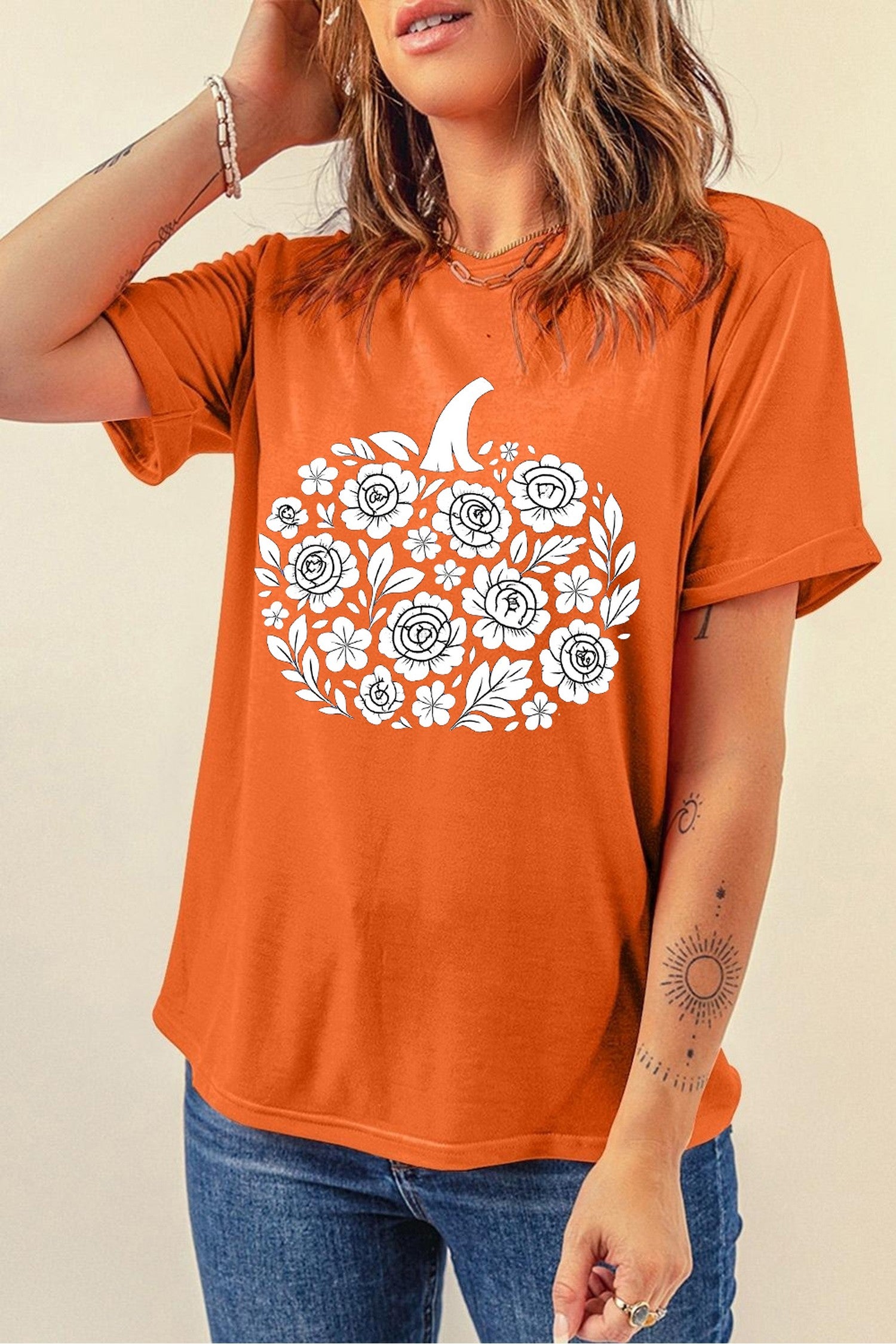 Orange Floral Pumpkin Graphic Cuffed Sleeve Casual T Shirt