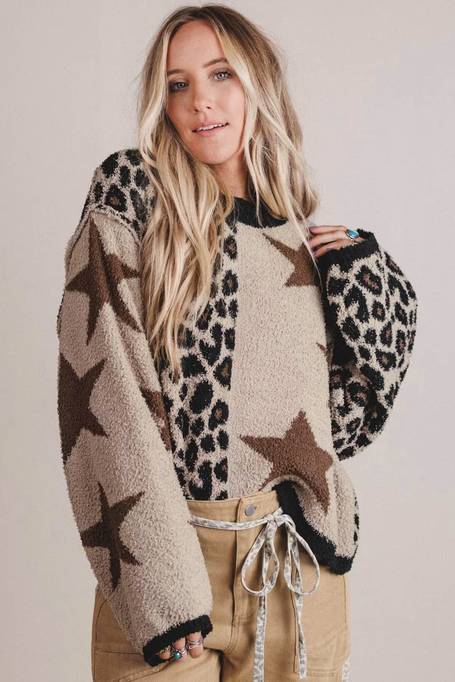 Smoke Gray Leopard Star Pattern Round Neck Long Sleeve Shift Sweater