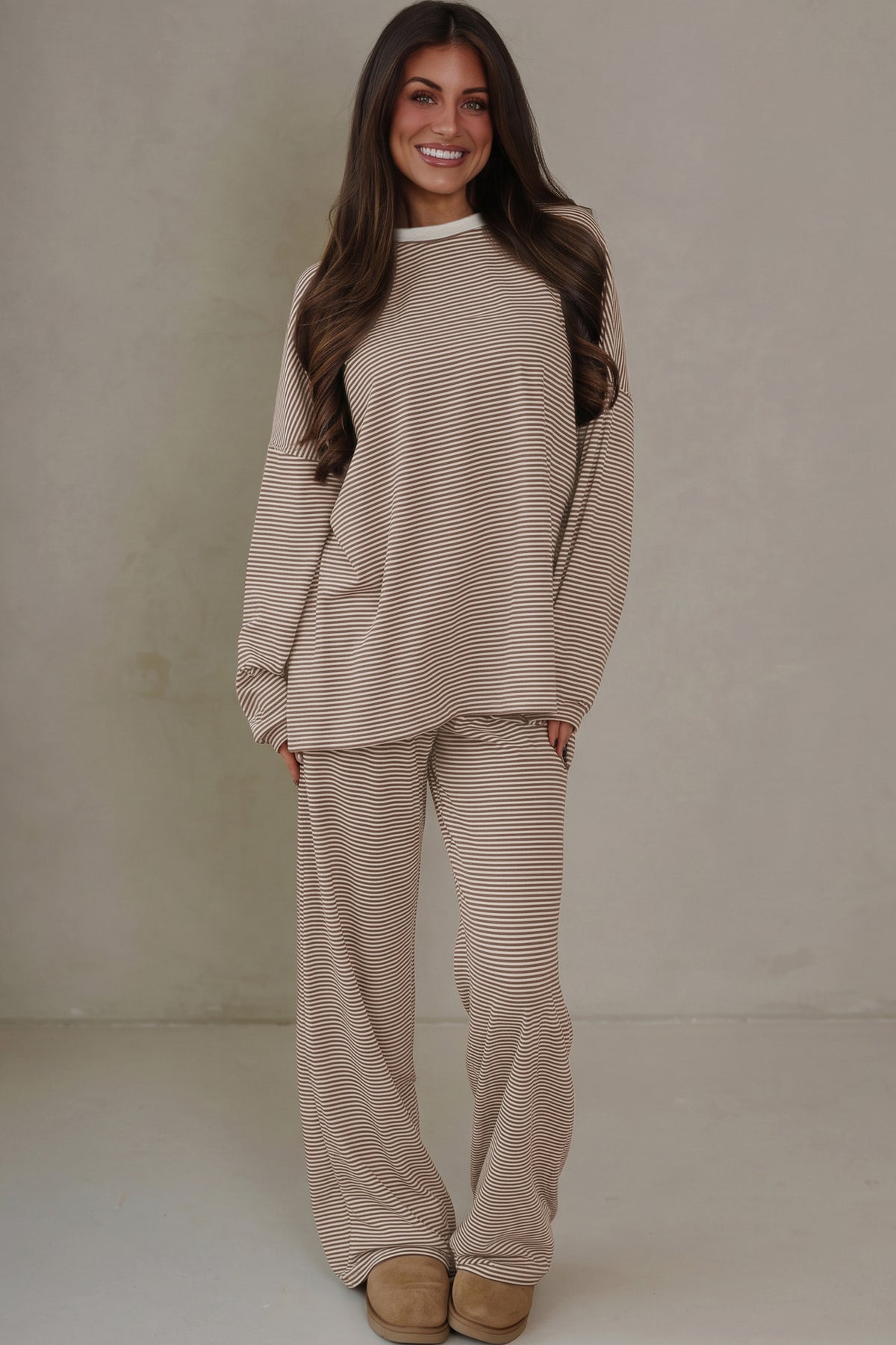 Beige Stripe Contrast Trim Round Neck Oversize Long Sleeve Top 2pcs Pant Set