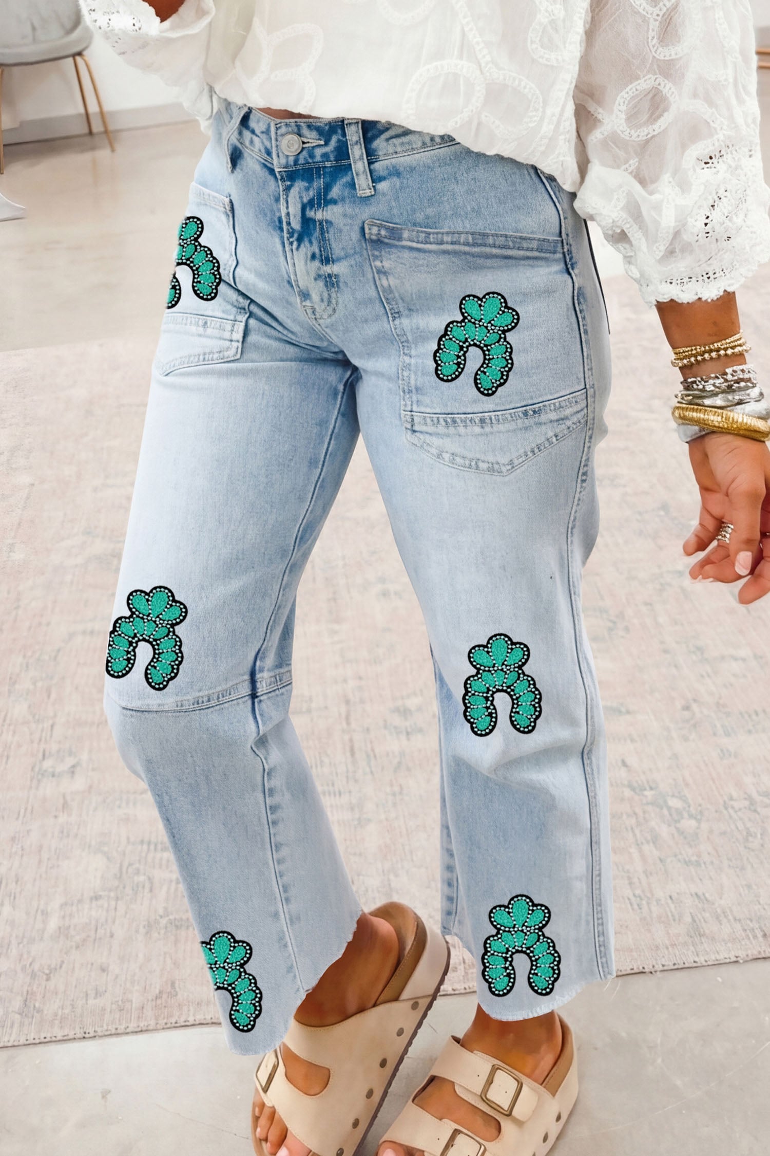 Beau Blue Turquoise Embroidered Patch Jeans Raw Hem Ankle-length Jeans
