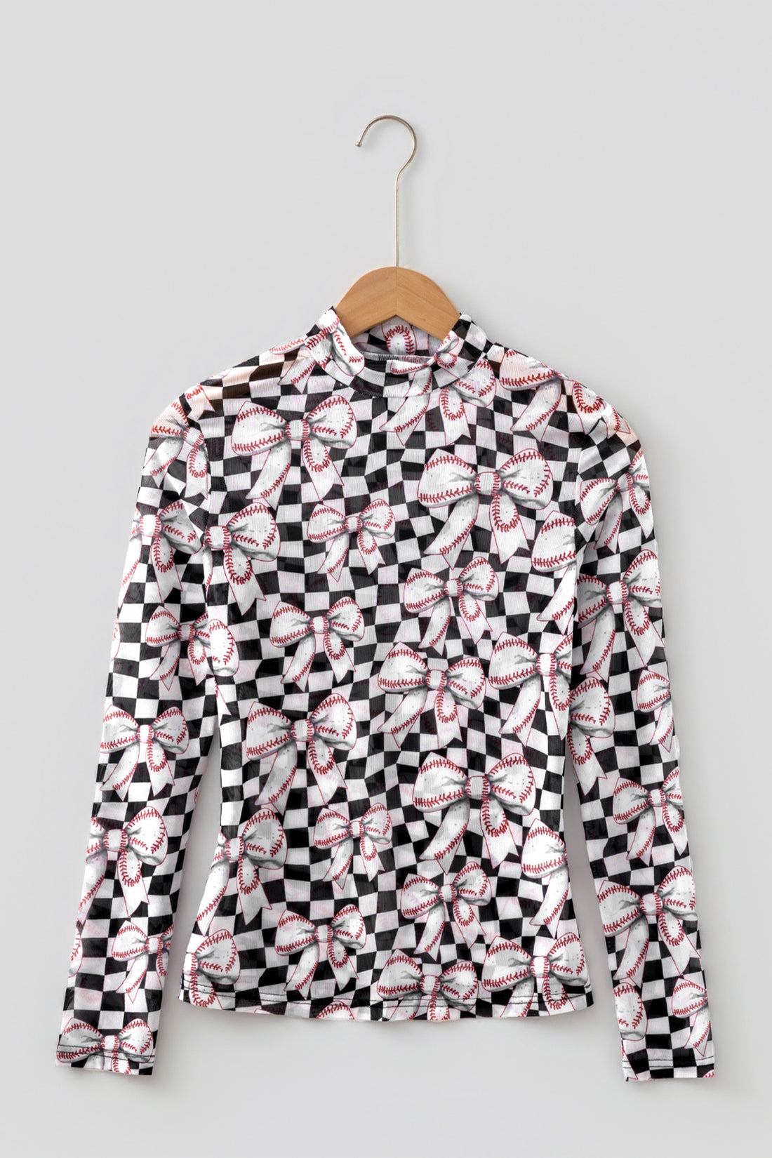 Black Checkered Baseball Bow Print High Neck Long Sleeve Mesh Top