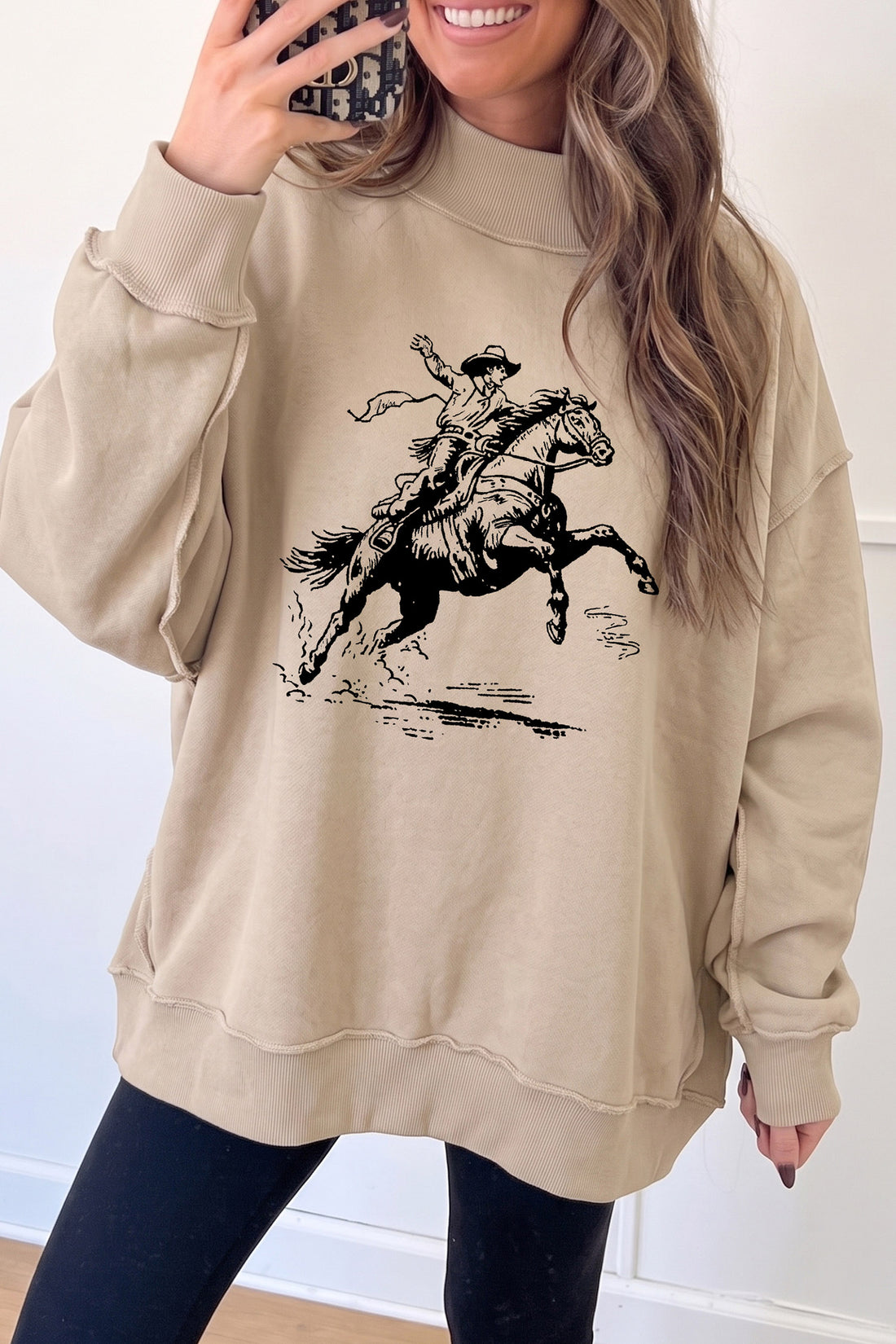 Apricot Mock Neck Cowboy Rodeo Graphic Sweatshirt