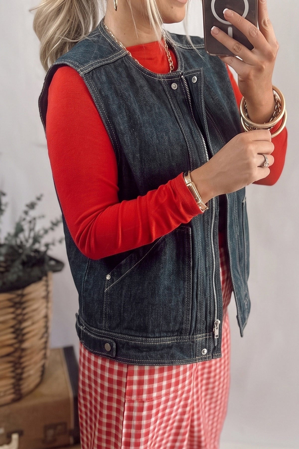 Navy Blue Vintage Denim Zipper Front Cowboy Vest