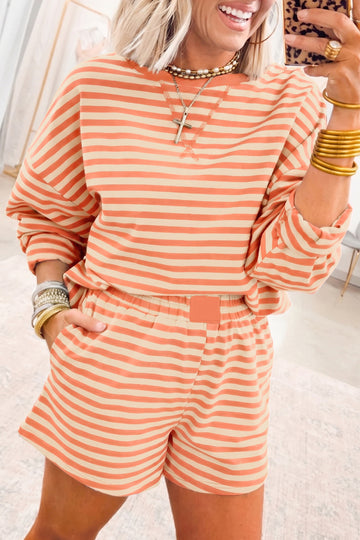 Grapefruit Orange Drop Shoulder Long Sleeve Pullover Elastic Waist Casual Short Set