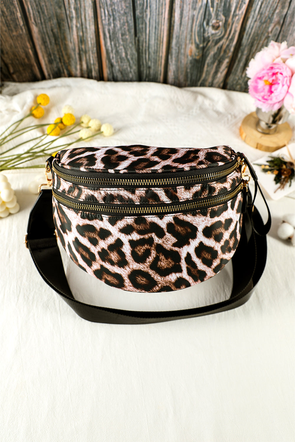 Coffee Leopard Print Double Zip Fashion Crossbody Bag
