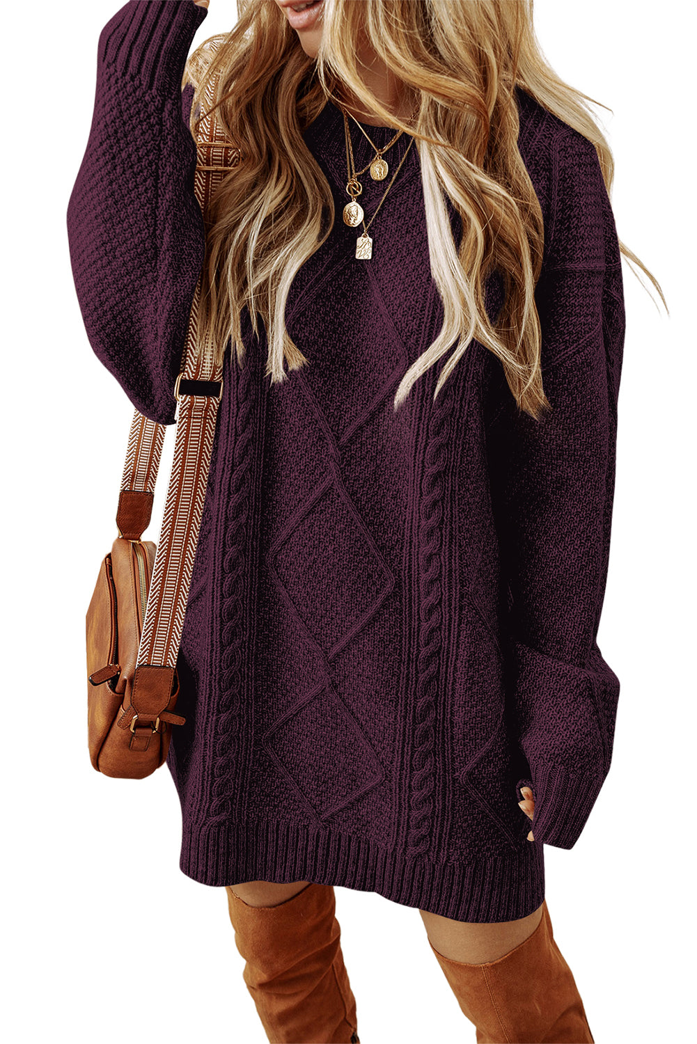Burgundy Cable Knit Drop Shoulder Loose Fit Sweater Dress