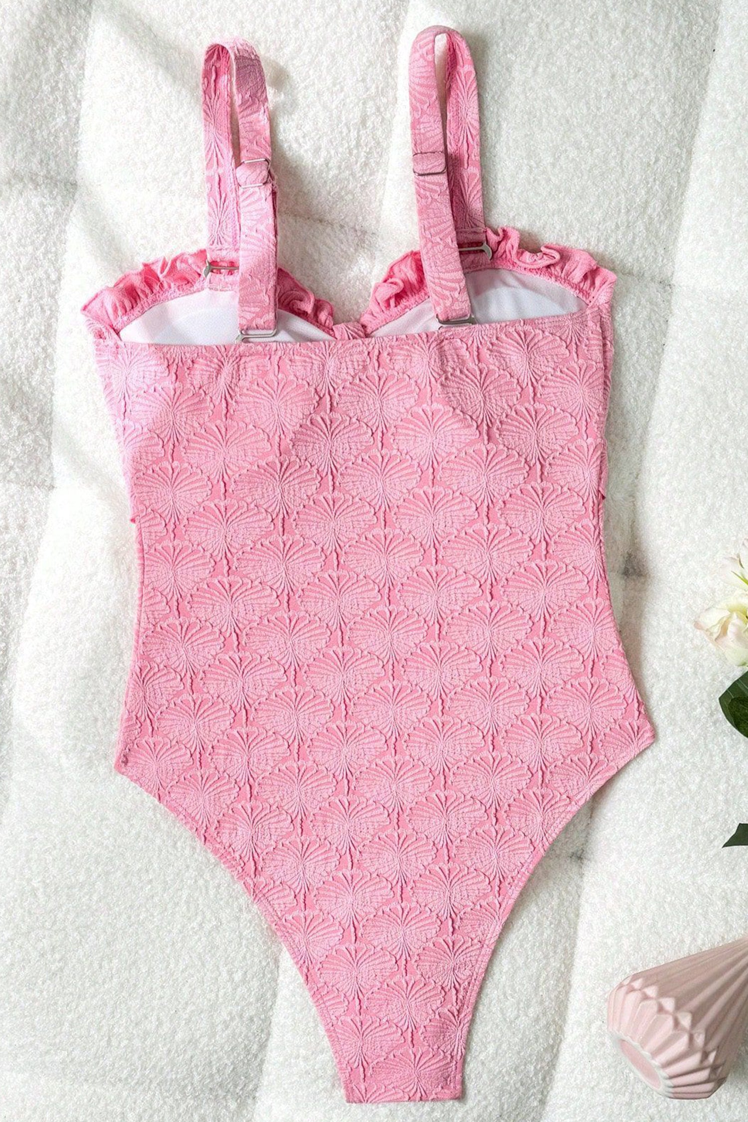 Pink Playful Textured Knot Front Strapless One Piece Swimsuit