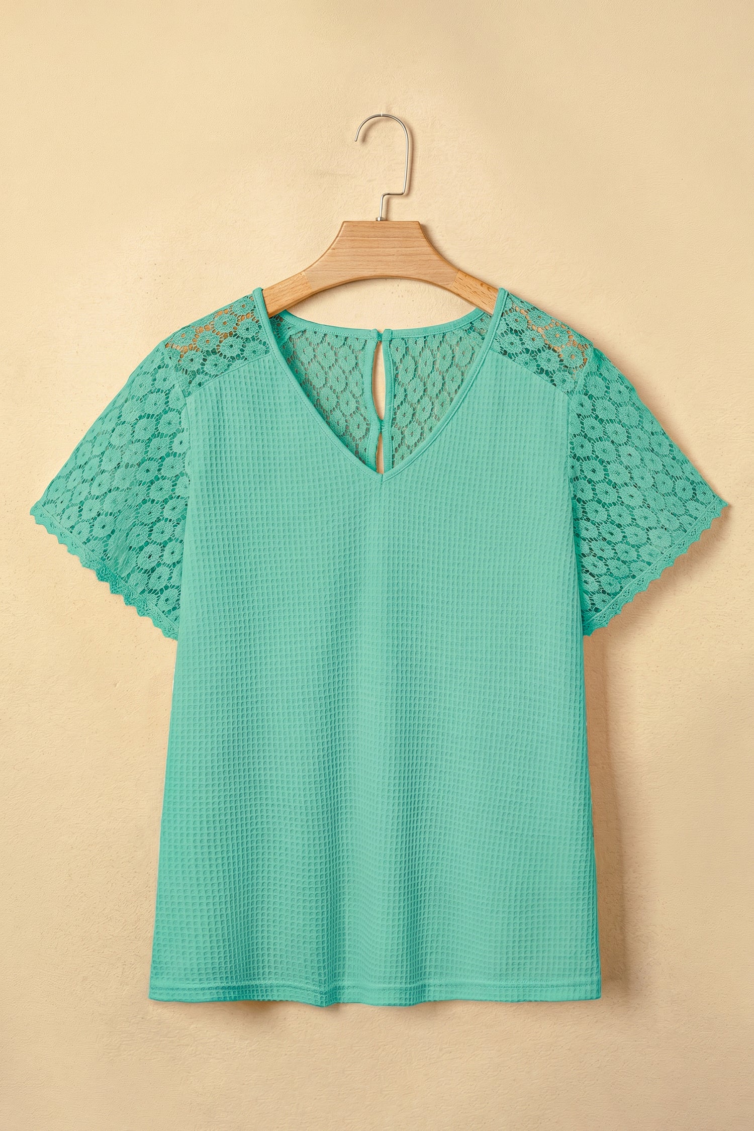 Mint Green Lace Splicing Button Cutout V Neck Waffle Knit Blouse