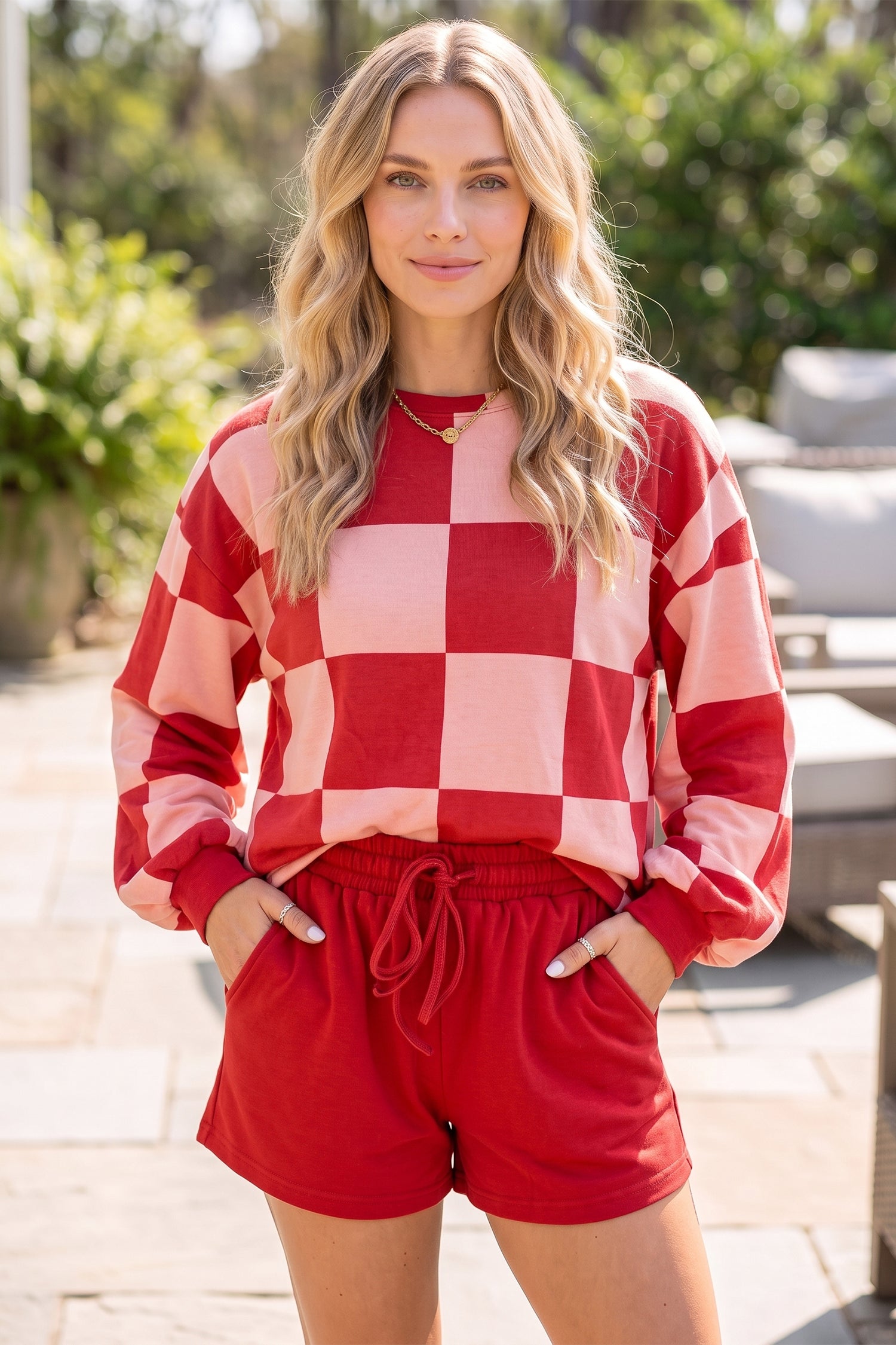 Red Checkerboard Plaid Long Sleeve Solid Color Shorts 2pcs Set