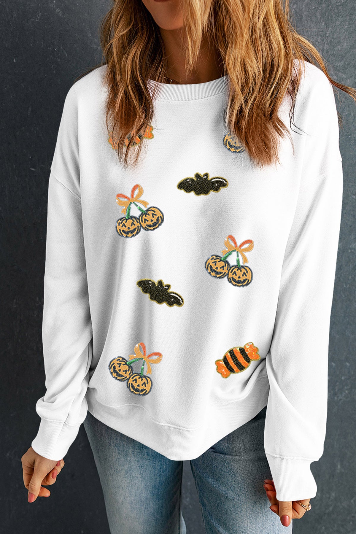 White Sequin Halloween Pattern Pullover Sweatshirt