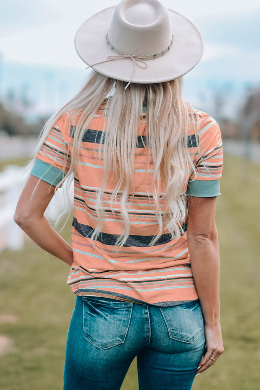 Pink Multicolor Stripes Crew Neck T Shirt