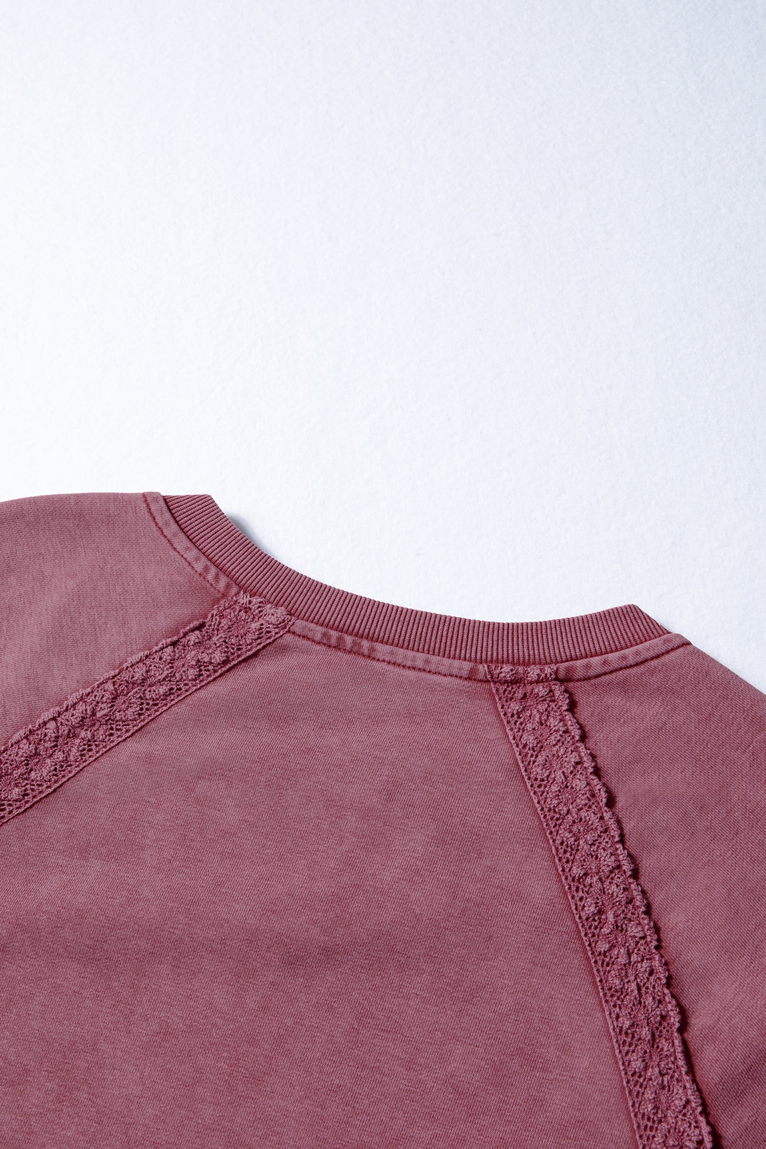 Red Dahlia Lace Patchwork Detail Notched Neck Mineral Wash Baggy Sweatshirt
