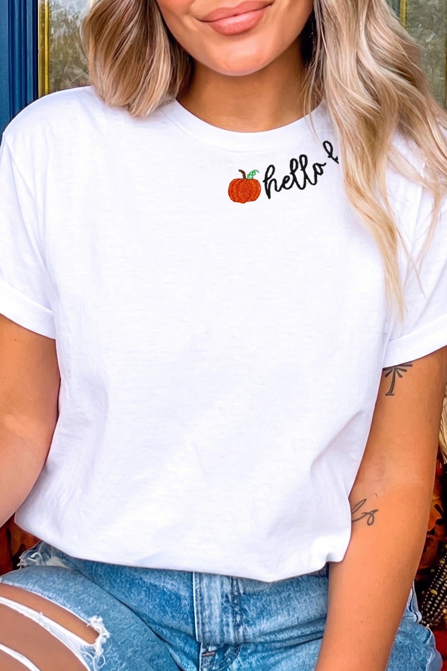 White hello fall Embroidered Pumpkin Hello Casual Round Neck T Shirt