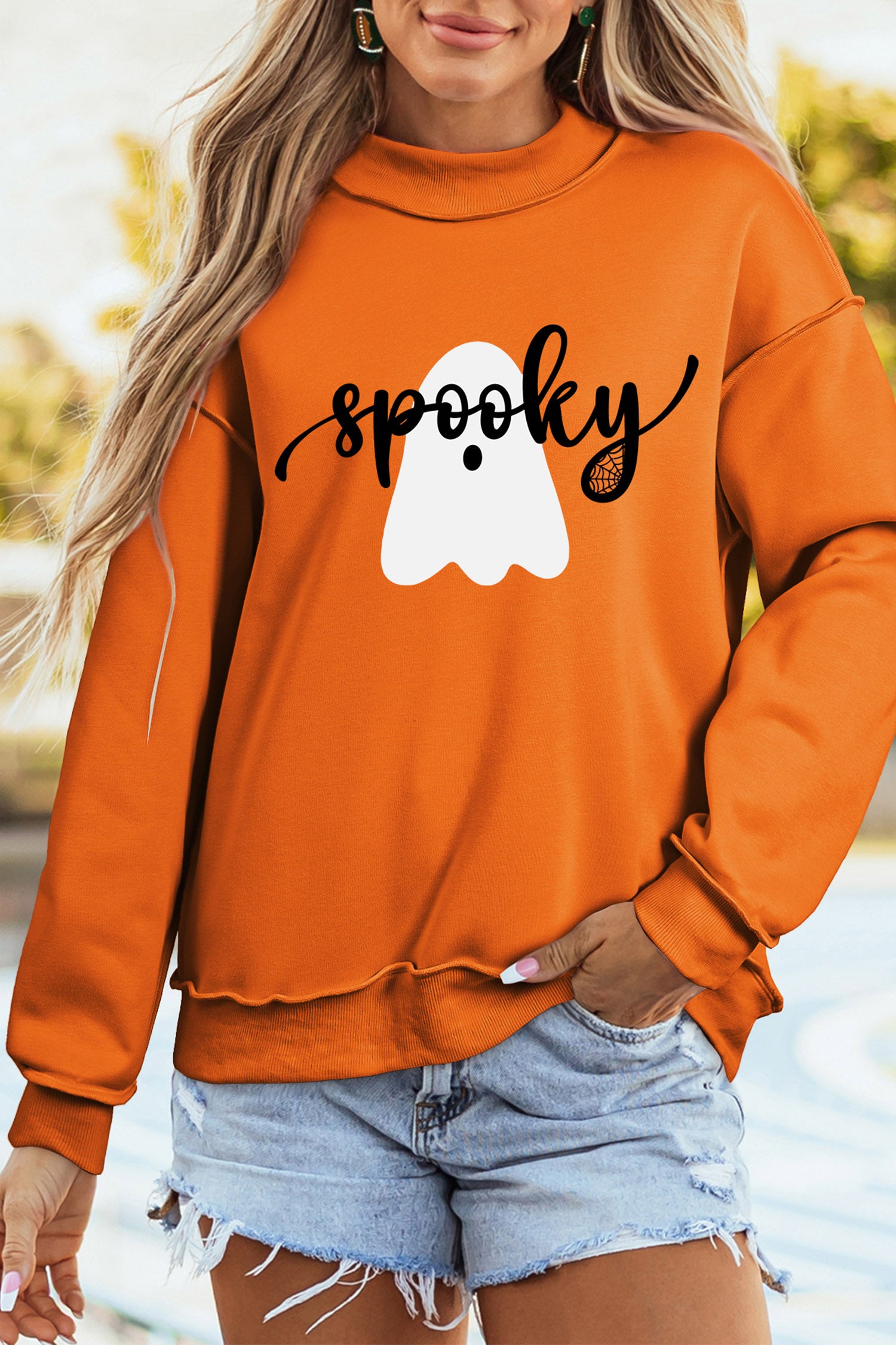 Carrot Spooky Ghost/ BOO Reversible Print Mock Neck Casual Pullover Sweatshirt
